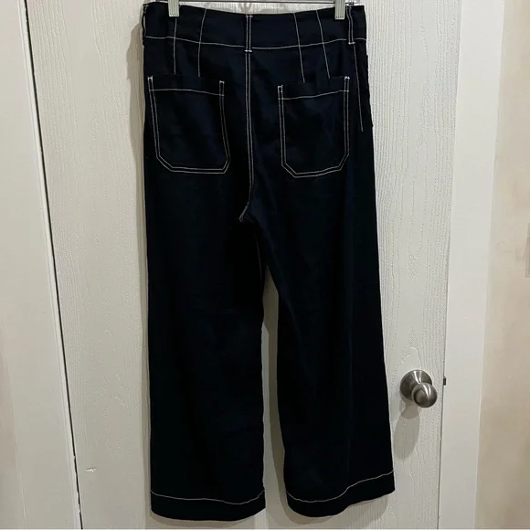 Anthropologie Maeve The Colette Contrast Stitch Linen Crop Wide Leg Pants - Picture 6 of 8